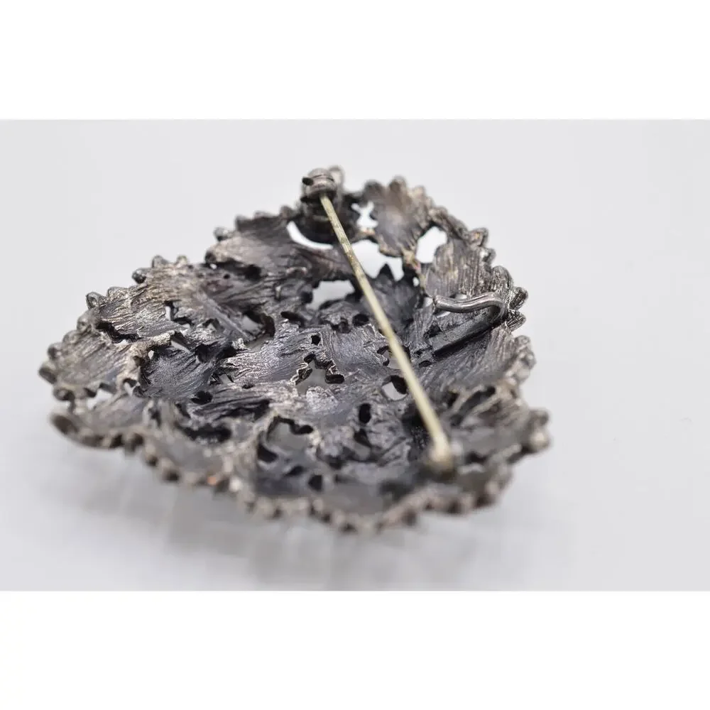 Vintage Leaf Pin Brooch Brushed Silver Pewter Textured Leaves Chunky 1980s 9B